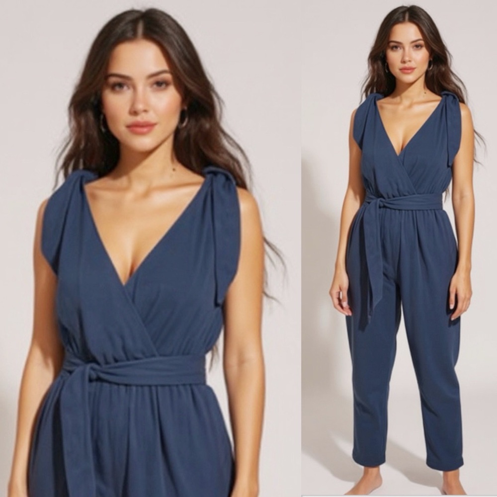 Summersalt The Going Places Gauze Tie-Shoulder Jumpsuit Pockets Small Navy Blue
